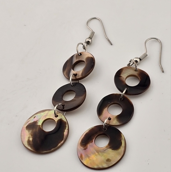 Iridescent Shell Dangle Earrings 3" Drop Triple Disc Boho Beach Jewelry Gift - Picture 10 of 10